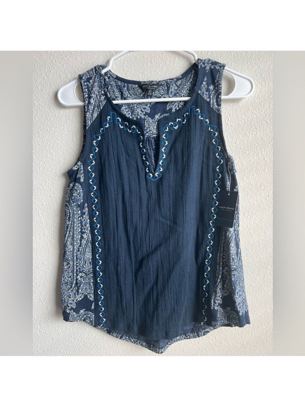 Lucky Brand Navy Tank with Blue & White Paisley Trim
